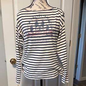 Lauren Ralph Lauren White and Navy Striped Long Sleeve Tee